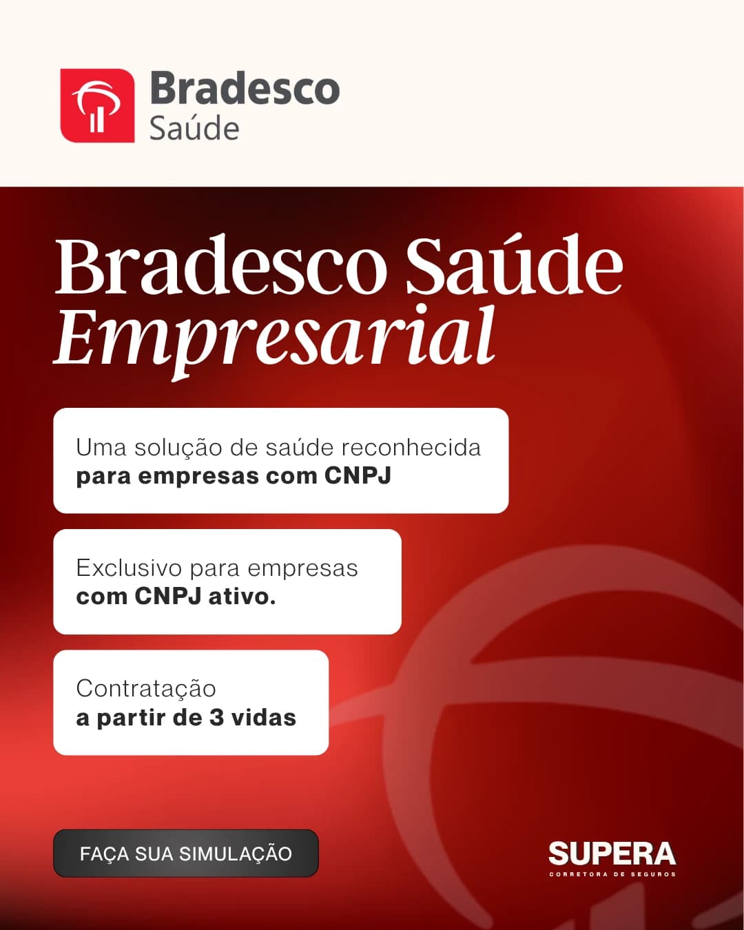 Criativo vermelho do Bradesco Saúde Empresarial com condições para empresas com CNPJ.