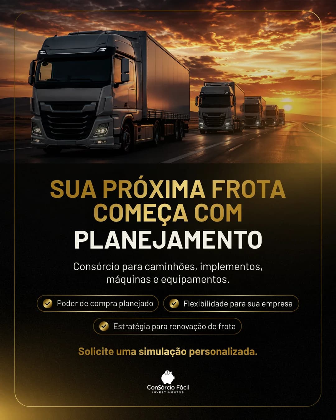 Criativo preto e dourado com caminhões em estrada e chamada para planejamento de frota.
