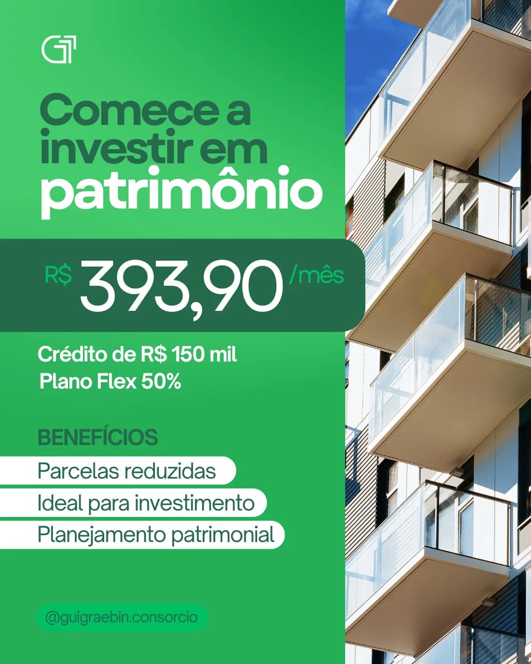 Criativo verde de consórcio imobiliário com edifício e oferta de crédito para patrimônio.