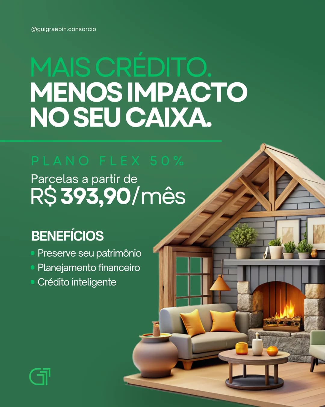 Criativo verde do plano flex com casa ilustrada e oferta de parcelas reduzidas.